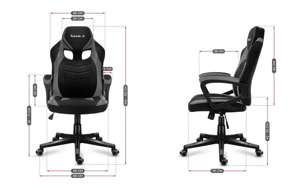 Grafički prikaz dimenzija Huzaro Force 2.5 Grey gaming stolice (prednji i bočni pogled)
