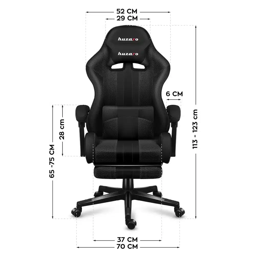 Dimenzije Huzaro Force 4.7 Carbon gaming stolice – prednji prikaz sa merama
