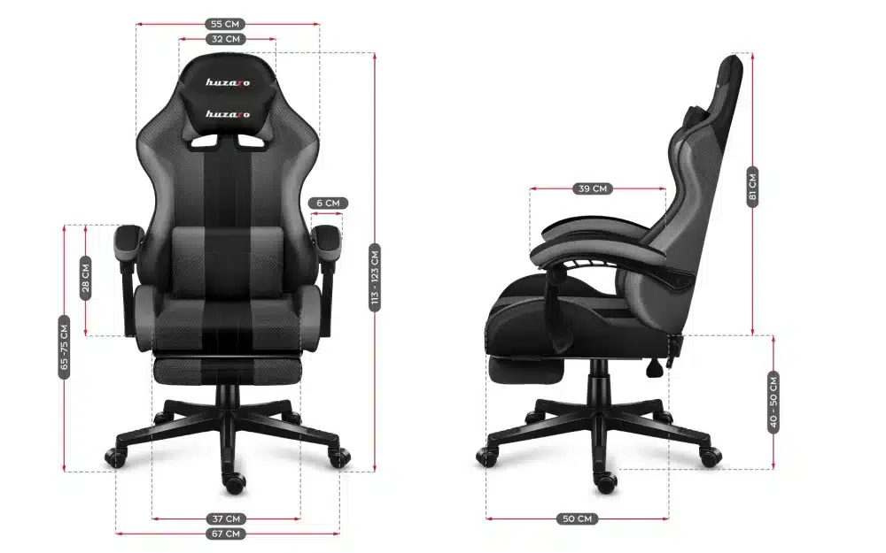 Dimenzije Huzaro Force 4.7 gaming stolice – prednji i bočni prikaz sa merama