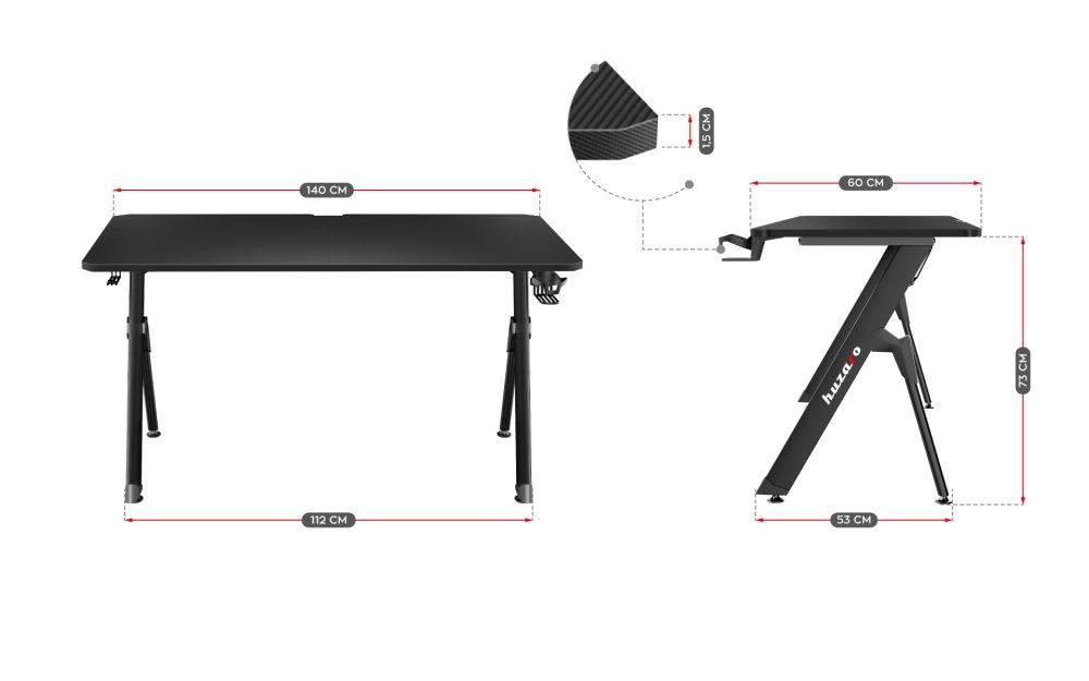 Dimenzije gejmerskog stola Huzaro Hero 2.8 – širina ploče 140 cm, dubina 60 cm, razmak nogara 112 cm, visina 73 cm i debljina ploče 15 mm