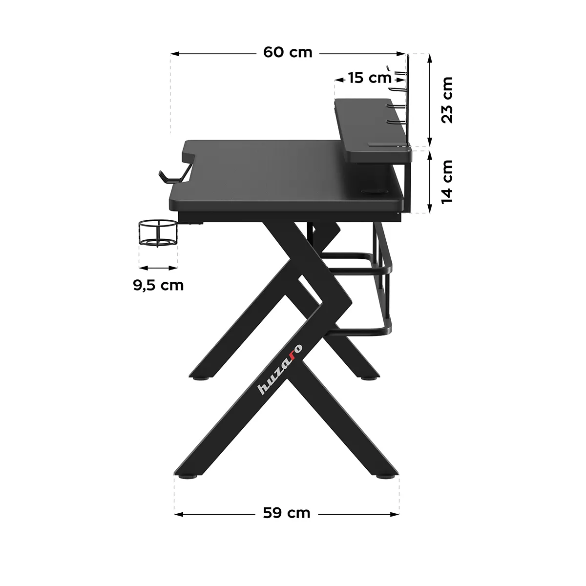 Huzaro Hero 5.0 sto – bočni pogled na dimenzije; dubina radne površine 60 cm, polica za monitor +23 cm iznad ploče