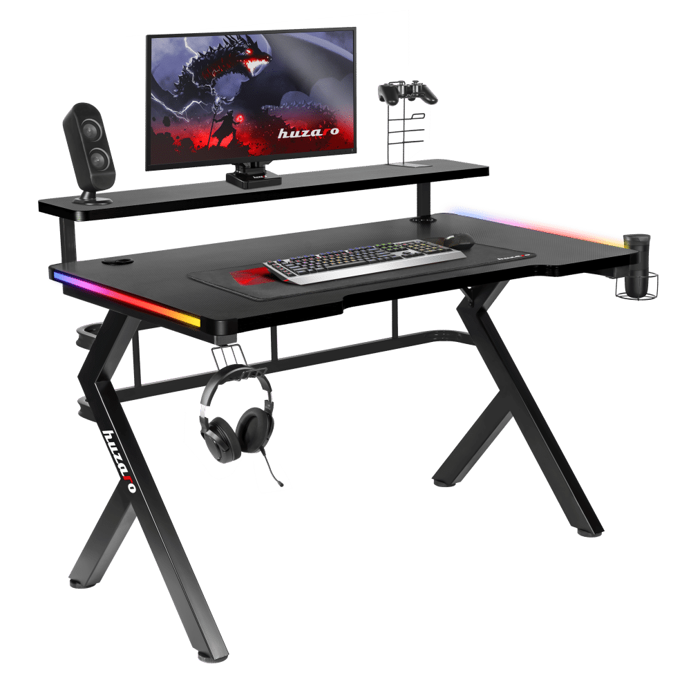 Gejmerski sto sa RGB svetlom i policom sa setup-om na njemu