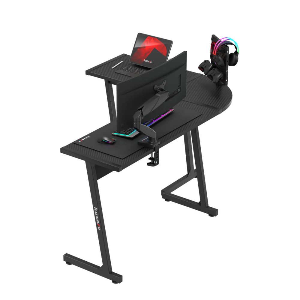 Huzaro Hero 6.0, L-shape crni gaming sto opremljen monitorom, tastaturom, nosačem slušalica i tablet stalkom – pogled sa zadnje leve strane