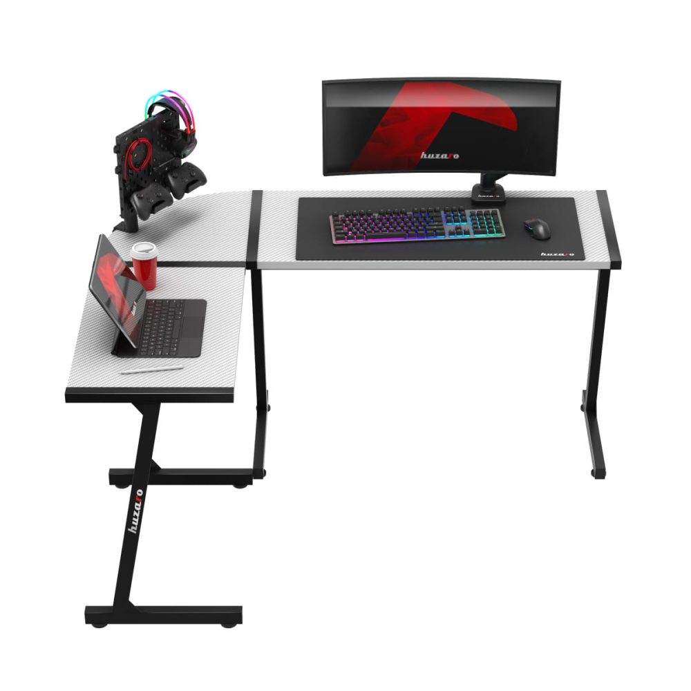 beli Huzaro Hero 6.0 L-sto sa ultrawide monitorom, laptopom i držačem komponenti