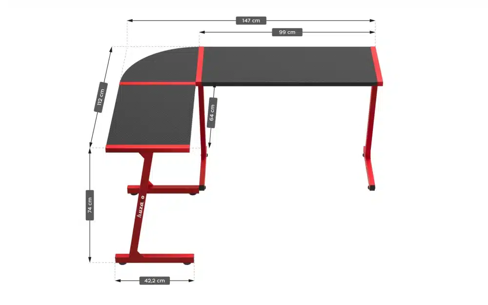 Crveni Huzaro Hero 6.0 L-gejming sto sa grafički označenim dimenzijama (147 × 112 cm, visina 74 cm)