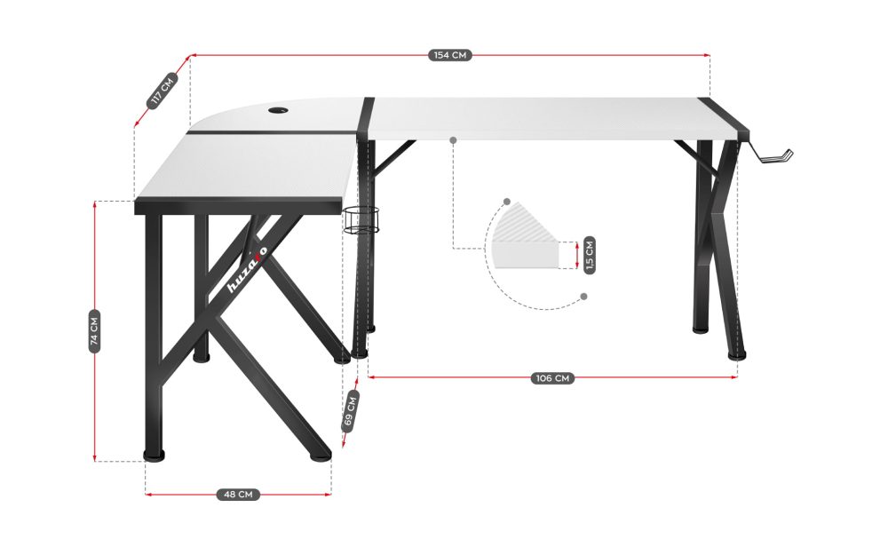 dimenzije L-stola Huzaro Hero 6.3: 154 × 117 cm, visina 74 cm, debljina ploče 1,5 cm