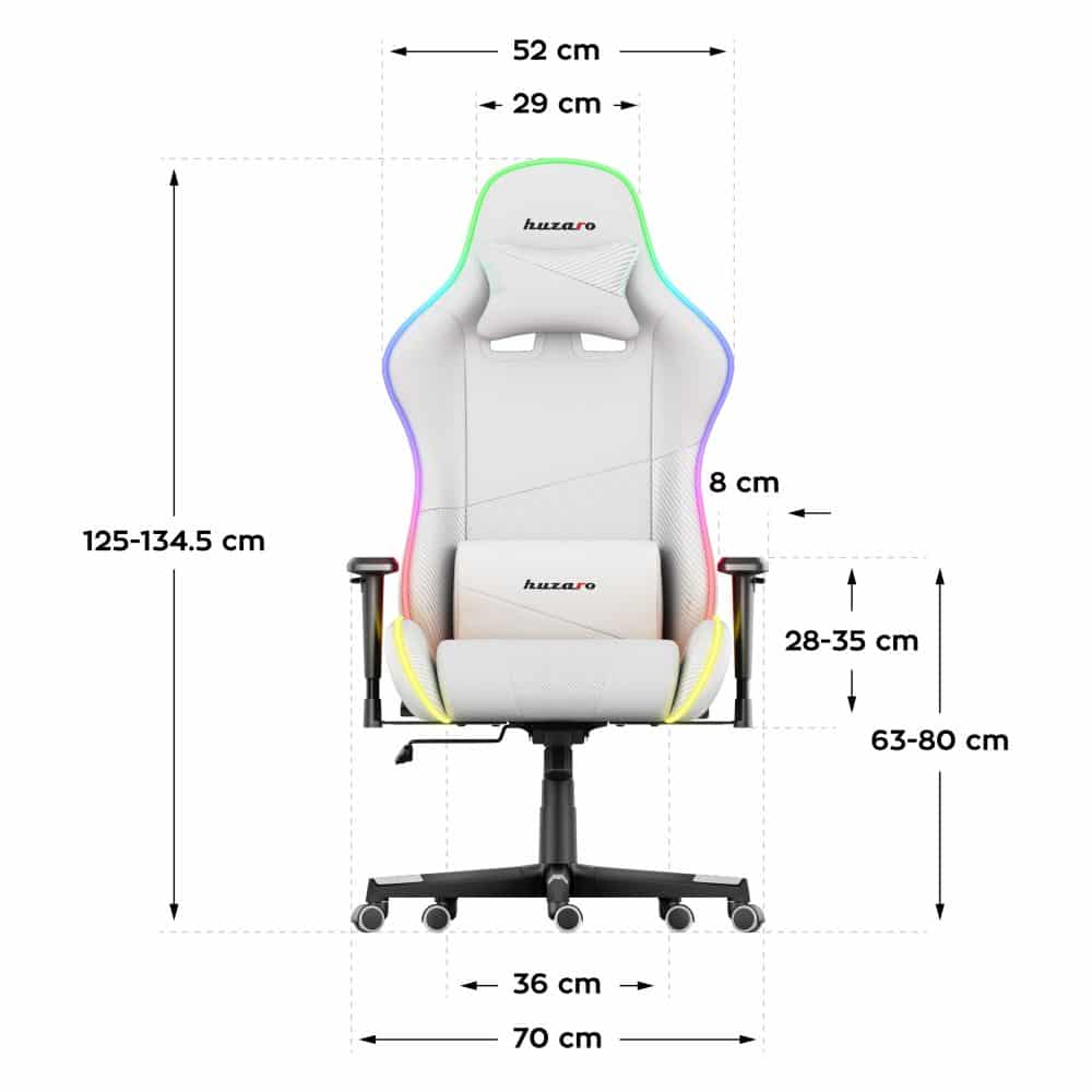 Dimenzije Huzaro Force 6.2 RGB bele stolice prikazane sa prednje strane