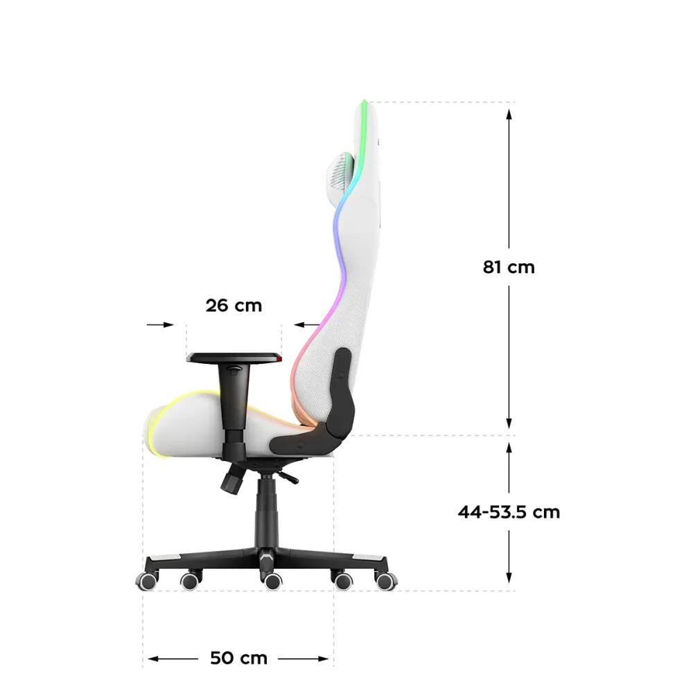 Bočni prikaz dimenzija Huzaro Force 6.2 RGB bele gejmerske stolice