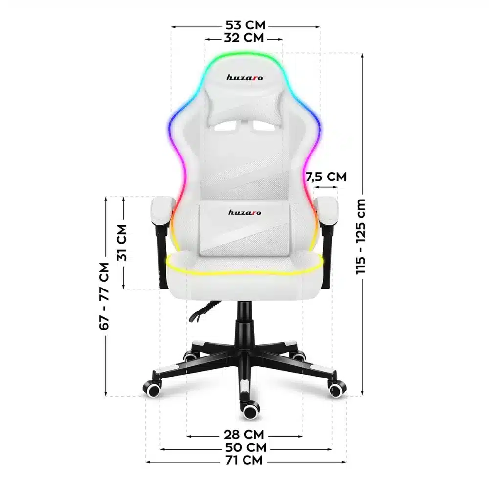 Grafički prikaz dimenzija Huzaro Force 4.4 RGB White gaming stolice – pogled sprijeda