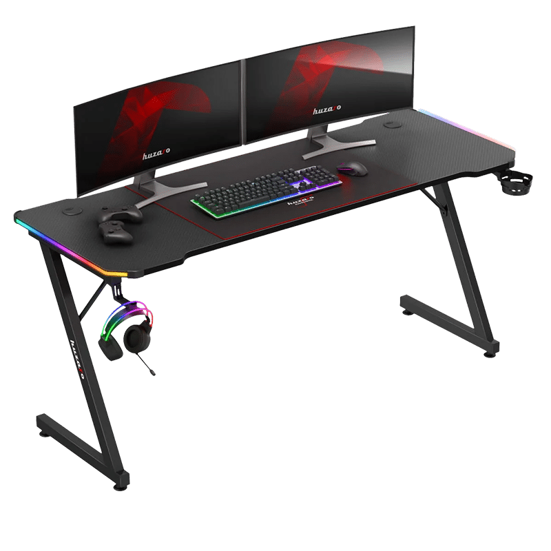 Huzaro Hero 4.8 RGB gejmerski sto – bočni pogled sa dva monitora, XXL podlogom i šarenim RGB ivicama