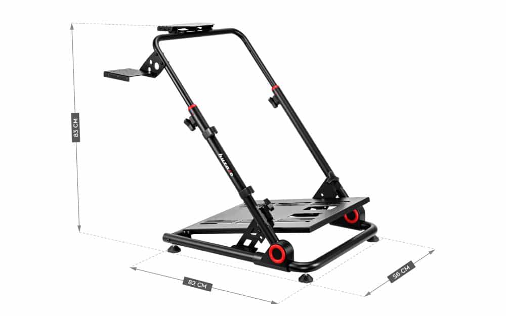 Huzaro Speed 3.0 stalak – ilustracija dimenzija (83 × 82 × 56 cm) sa platformom za volan i pedale