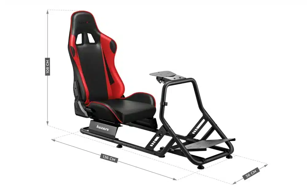 Huzaro Speed 6.0 – kokpit simulatora vožnje sa prikazanim dimenzijama (108 × 136 × 56 cm)