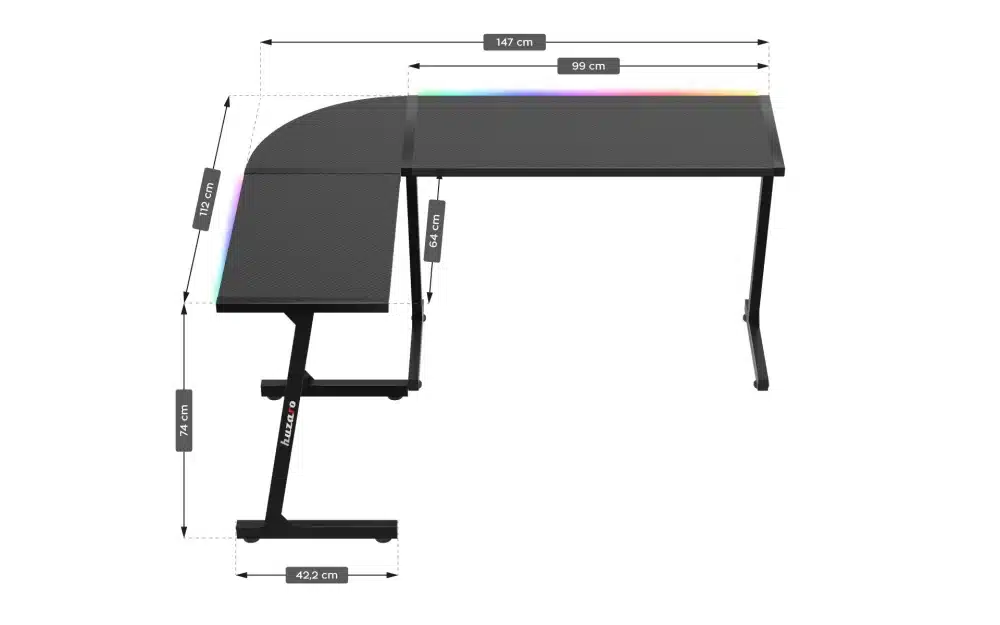 Dimenzije Huzaro Hero 6.0 L-shape RGB gaming stola: ukupno 147 × 112 cm, visina 74 cm, širina glavne ploče 99 cm