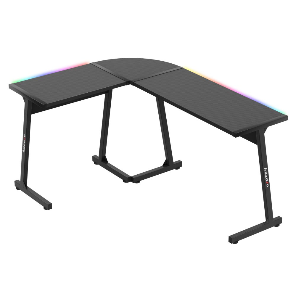 Huzaro Hero 6.0 – L-shape crni gaming sto sa diskretnim RGB osvetljenjem, prikazan spreda bez opreme