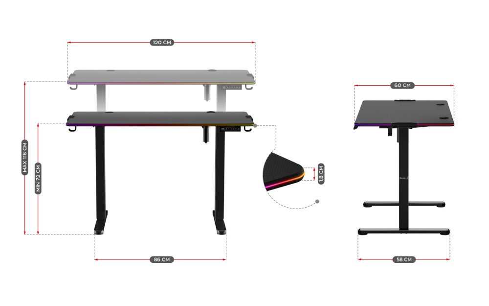 Huzaro Hero 8.2 RGB gejming sto – grafički prikazane dimenzije (120 × 60 cm) i raspon visine podešavanja od 72 do 118 cm