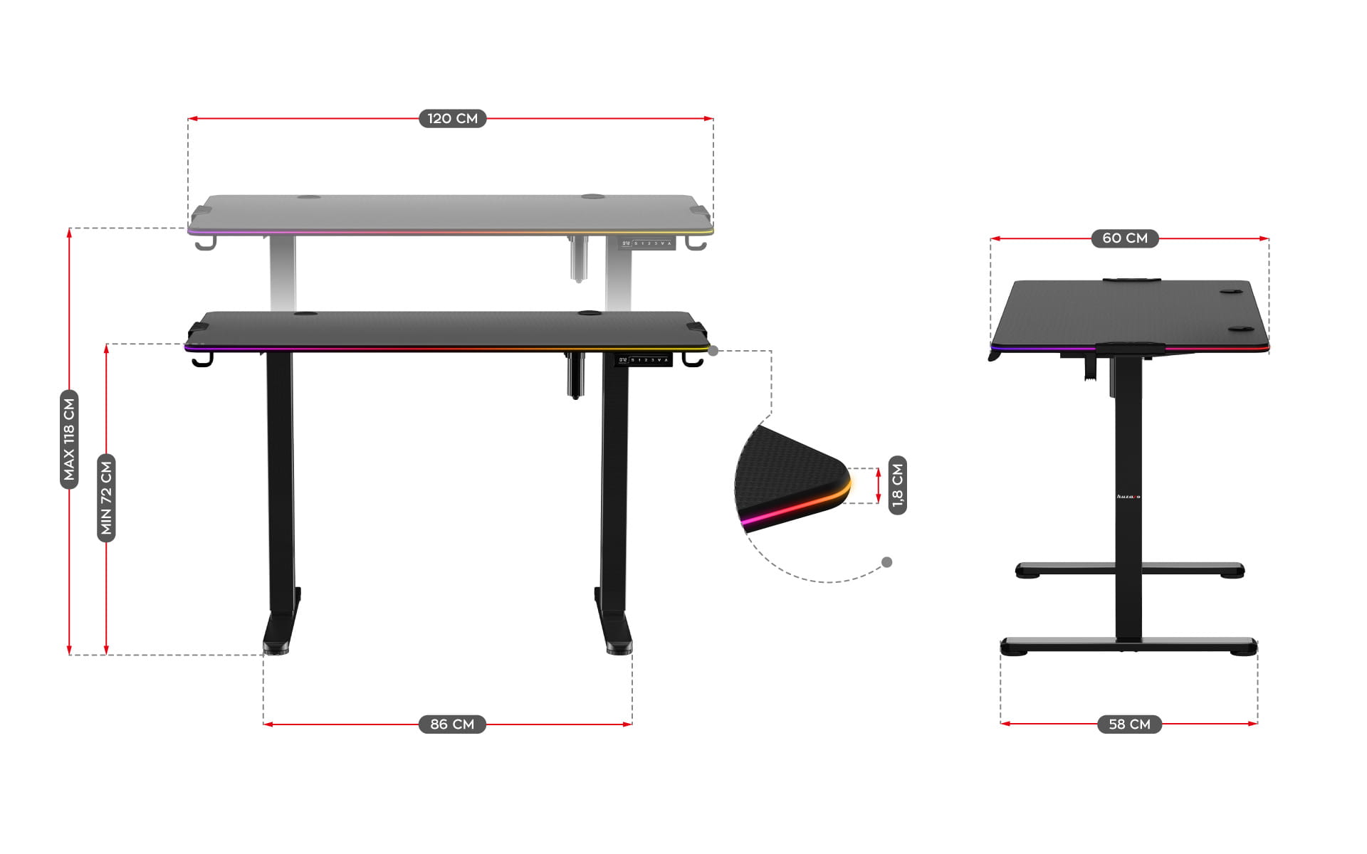 Huzaro Hero 8.2 RGB gejming sto – grafički prikazane dimenzije (120 × 60 cm) i raspon visine podešavanja od 72 do 118 cm