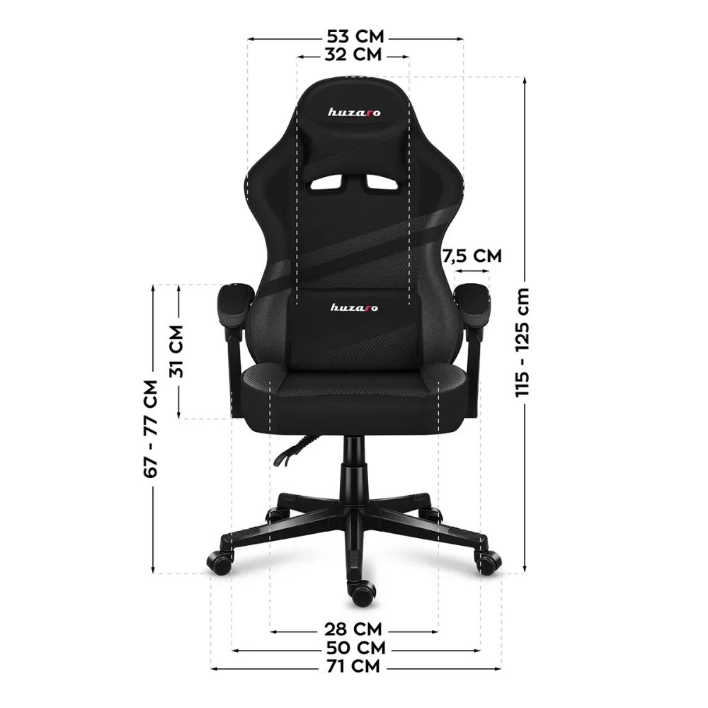 Grafički prikaz dimenzija Huzaro Force 4.4 Carbon gaming stolice – pogled sprijeda