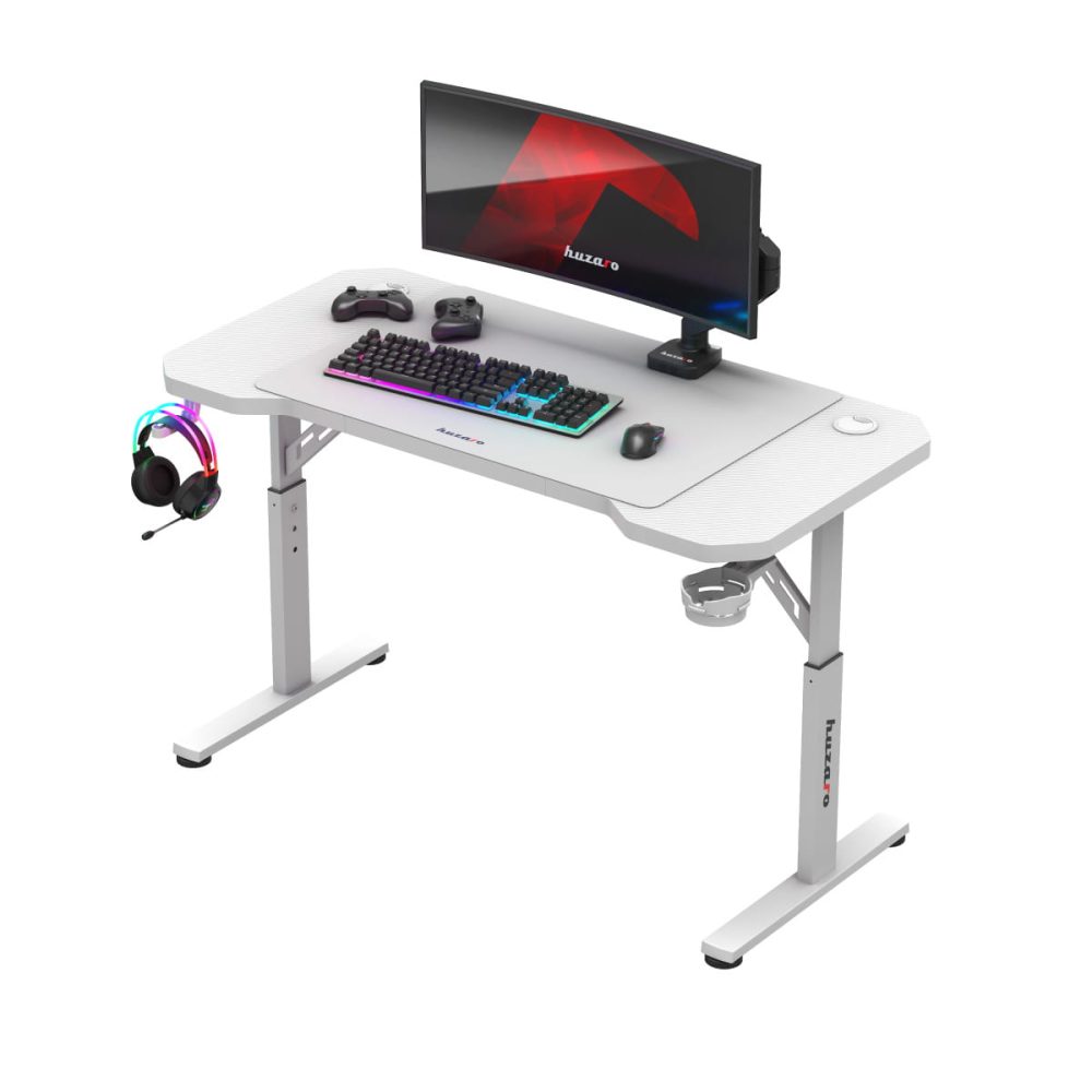 beli Huzaro Hero 2.6, podesiva visina, zakrivljeni monitor i RGB tastatura viđeni s leva