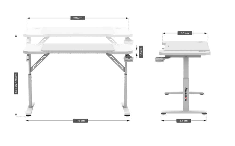 dimenzije belog Huzaro Hero 2.6 stola: 120 × 60 cm, visina podesiva 56–79 cm