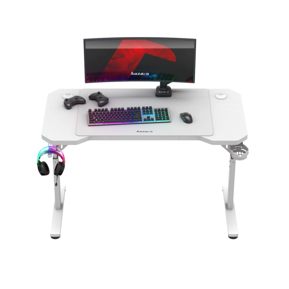 Huzaro Hero 2.6 beli sto, podesiva visina, ultrawide monitor, RGB tastatura i gamepadi