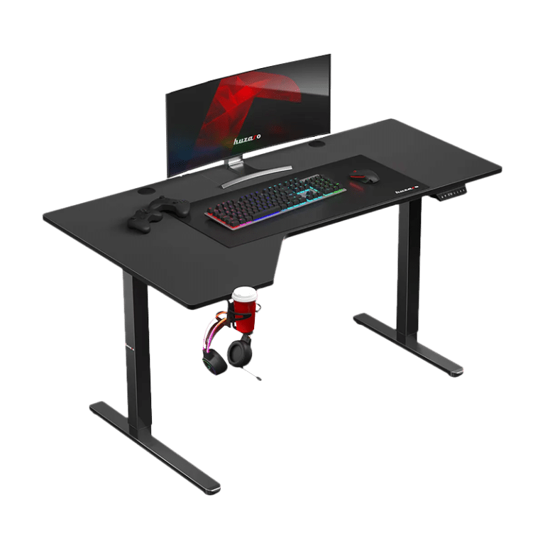 Crni gejmerski sto Huzaro Hero 9.1 sa RGB tastaturom, monitorom i slušalicama