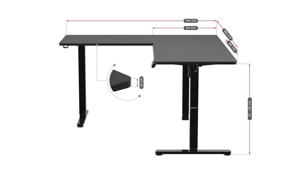 Dimenzije L-stola Huzaro Hero 9.5 sa visinskim opsegom 72 do 118 cm