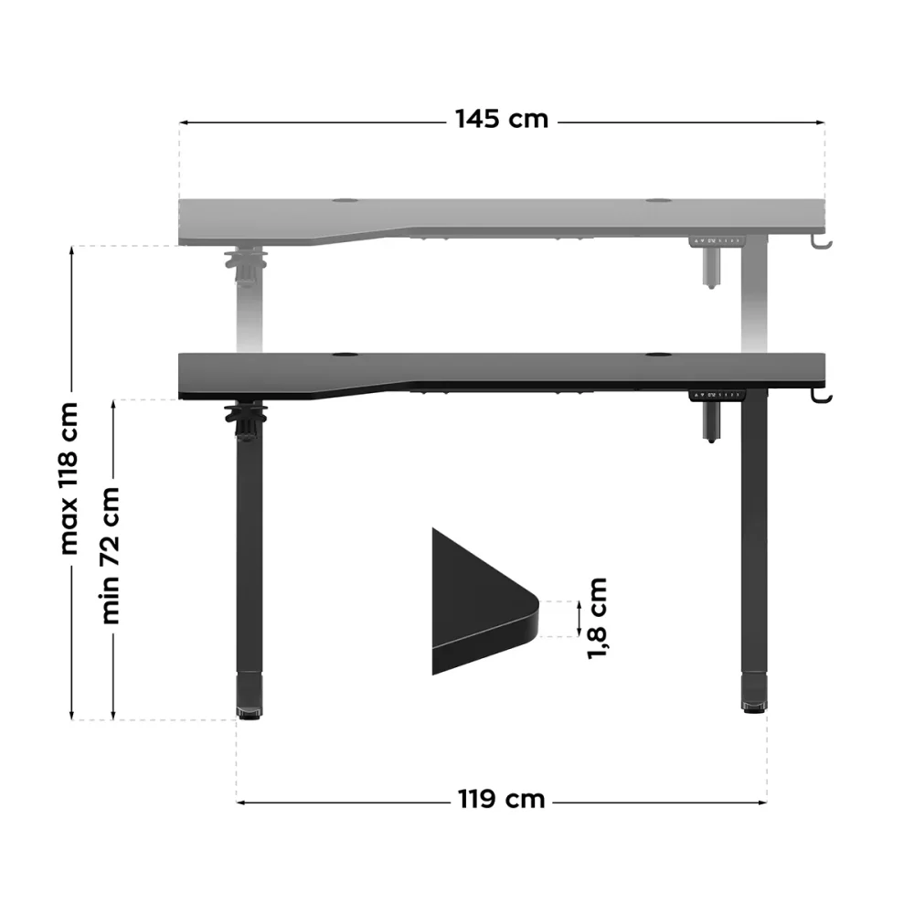 Dimenzije stola Huzaro Hero 9.1 – širina 145 cm, visina 72–118 cm