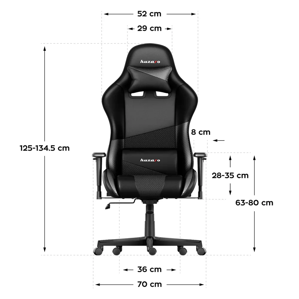 Dimenzije Huzaro Force 6.2 Black Carbon gaming stolice – prednji prikaz sa merama
