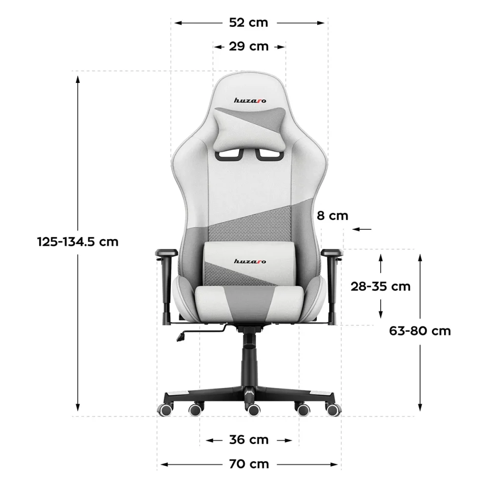 Dimenzije Huzaro Force 6.2 White Mesh gaming stolice – prednji prikaz sa merama