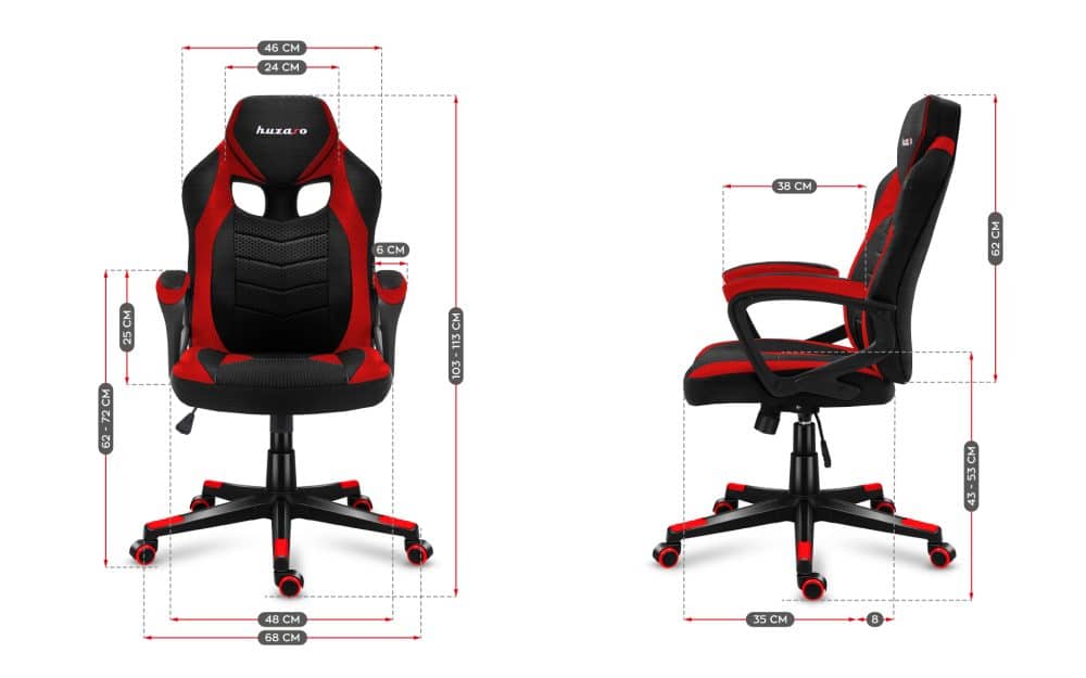 Grafički prikaz svih dimenzija Huzaro Force 2.5 Red gaming stolice – prednji i bočni pogled