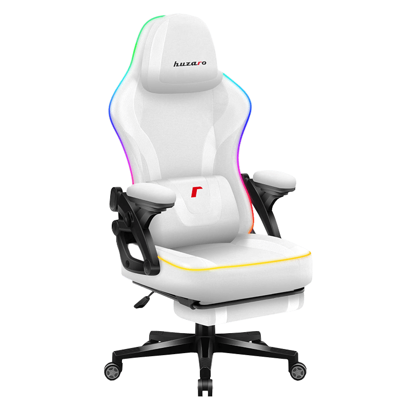 Huzaro Force 4.6 White RGB gaming stolica – hero snimak sa mobilnom aplikacijom za podešavanje svetla