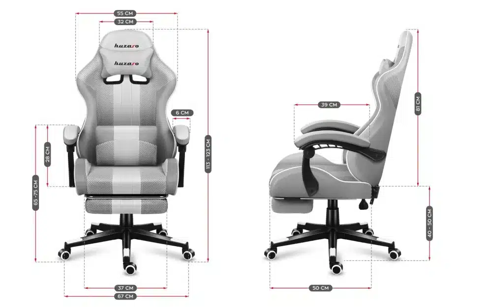 Grafički prikaz dimenzija Huzaro Force 4.7 White Mesh gaming stolice sprijeda i sa strane