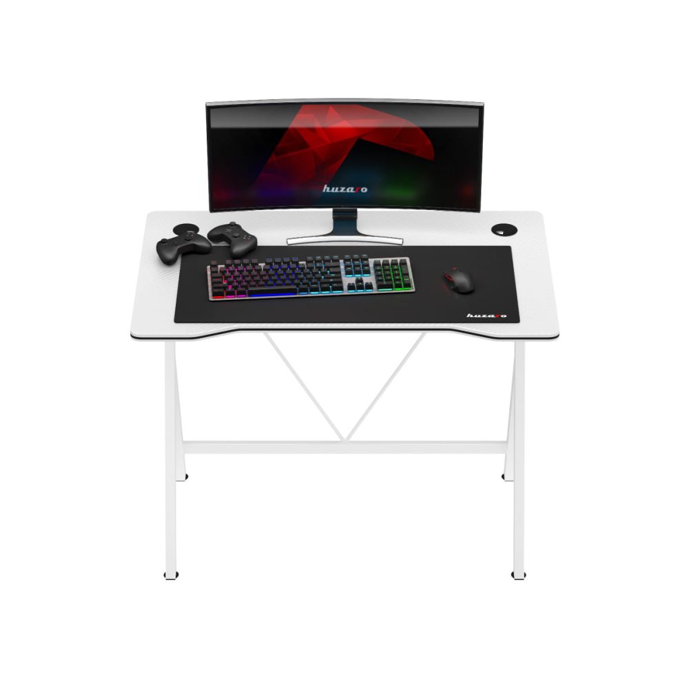 Prednji pogled – Huzaro Hero 1.4 beli sto sa zakrivljenim monitorom i RGB tastaturom
