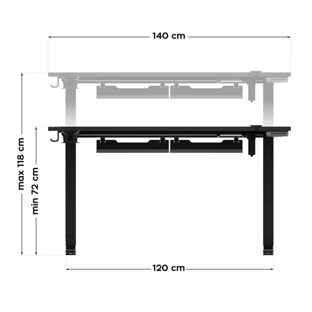 Dimenzije Huzaro Hero 8.7 stola sprijeda – širina 140 cm, visina podesiva 72-118 cm, baza 120 cm