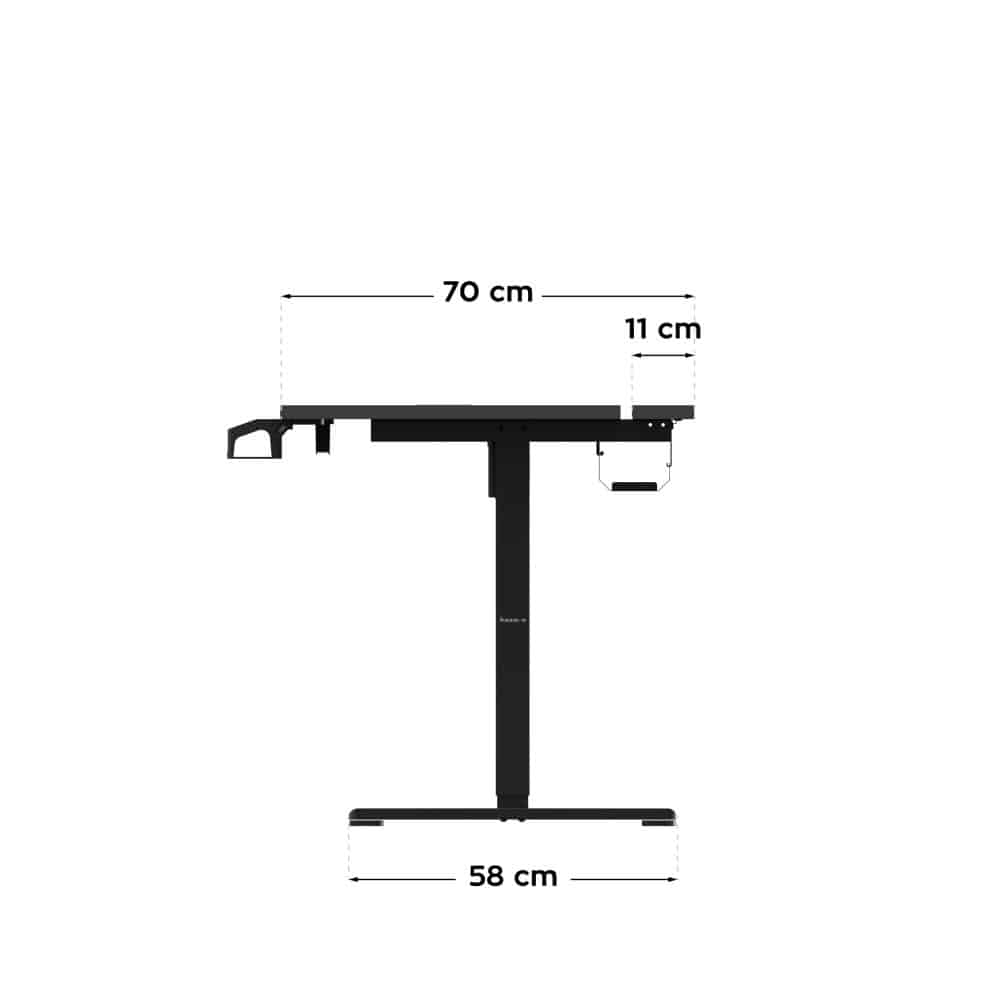 Bočni profil dimenzija Huzaro Hero 8.7 stola – dubina ploče 70 cm, širina noge 58 cm, istaknut bočni držač pića od 11 cm