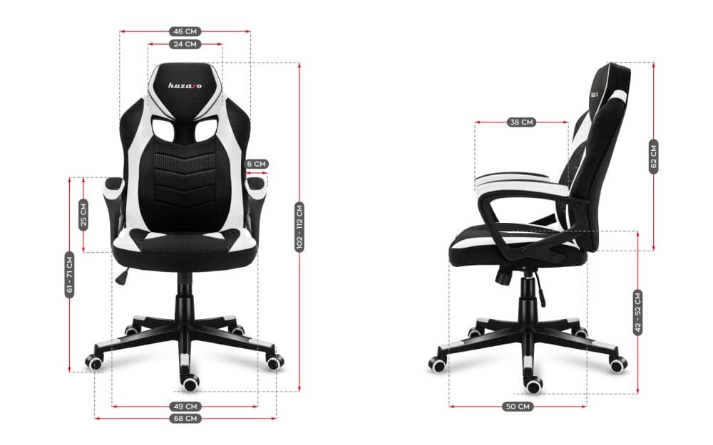 Grafički prikaz svih dimenzija Huzaro Force 2.5 White gaming stolice – prednji i bočni pogled