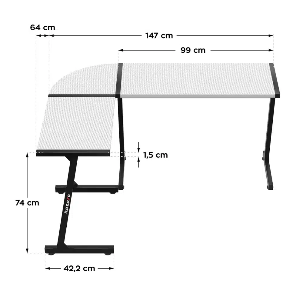 Dijagram dimenzija gejmerskog stola Huzaro Hero 6.0: širina ploče 147 cm, produžetak 99 cm / 64 cm, visina 74 cm, dubina 42,2 cm i debljina ploče 1,5 cm.
