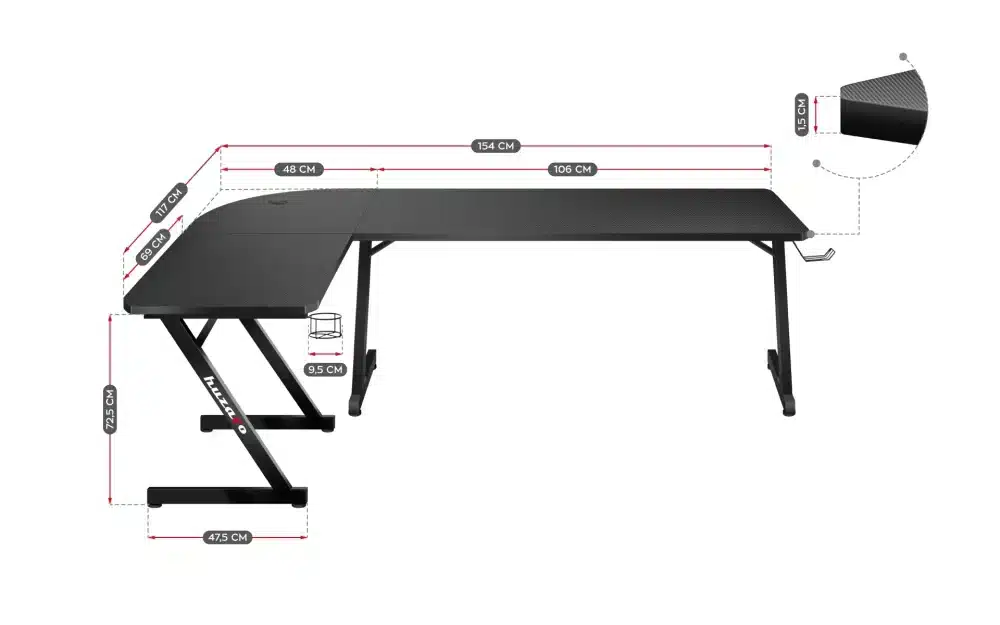 Grafički prikaz dimenzija Huzaro Hero 7.0 stola – ukupna širina 154 cm, deo od 106 cm, ugaoni segment 48 cm, visina 72,5 cm, uključuje držač čaše od 9,5 cm