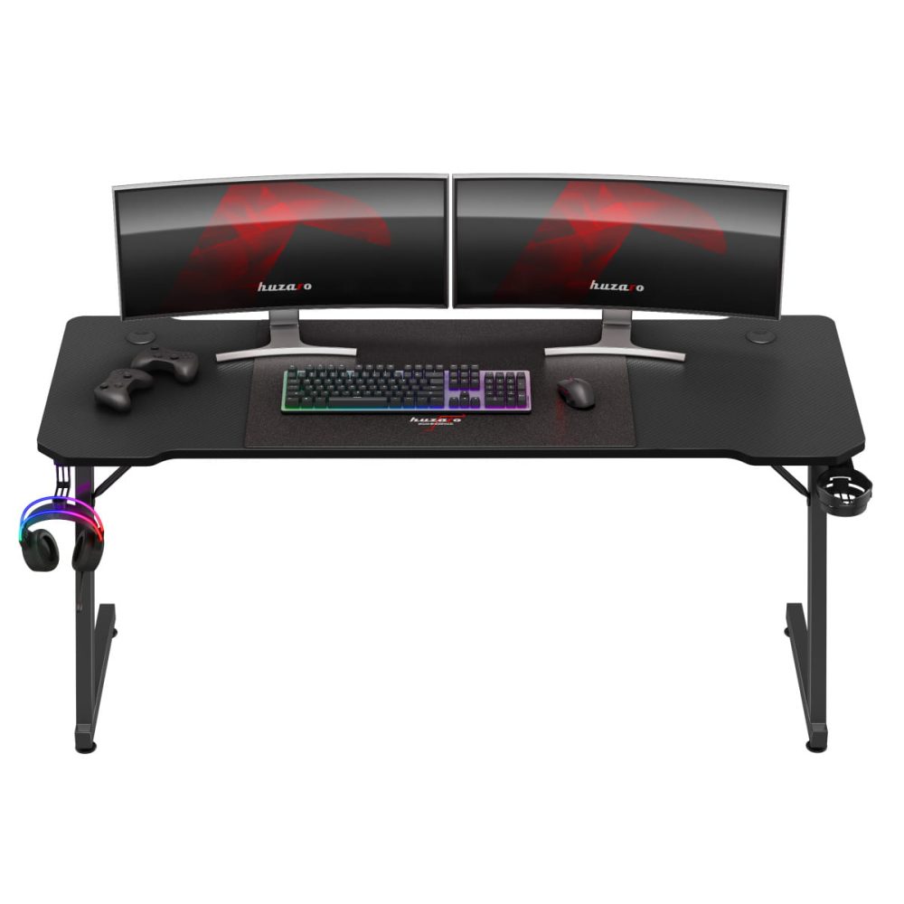 Huzaro Hero 4.8 crni sto – prednji setup sa dual-monitor konfiguracijom i RGB tastaturom