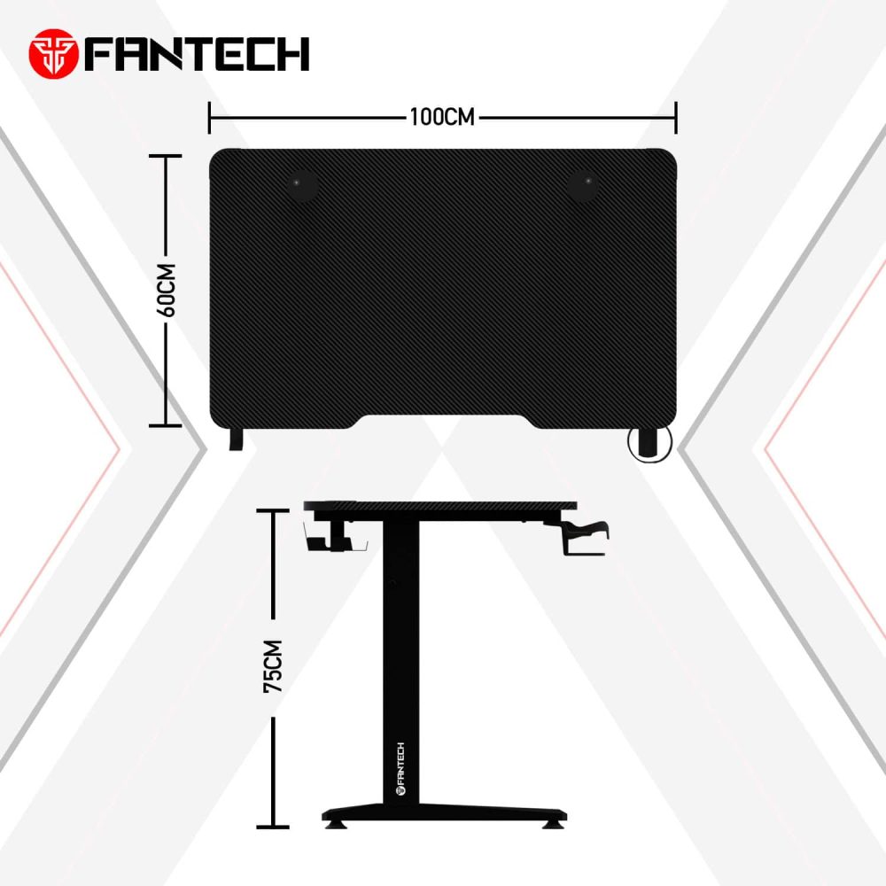 Dimenzije Fantech Tigris gaming stola – gornji pogled 100 × 60 cm i bočni profil visine 75 cm
