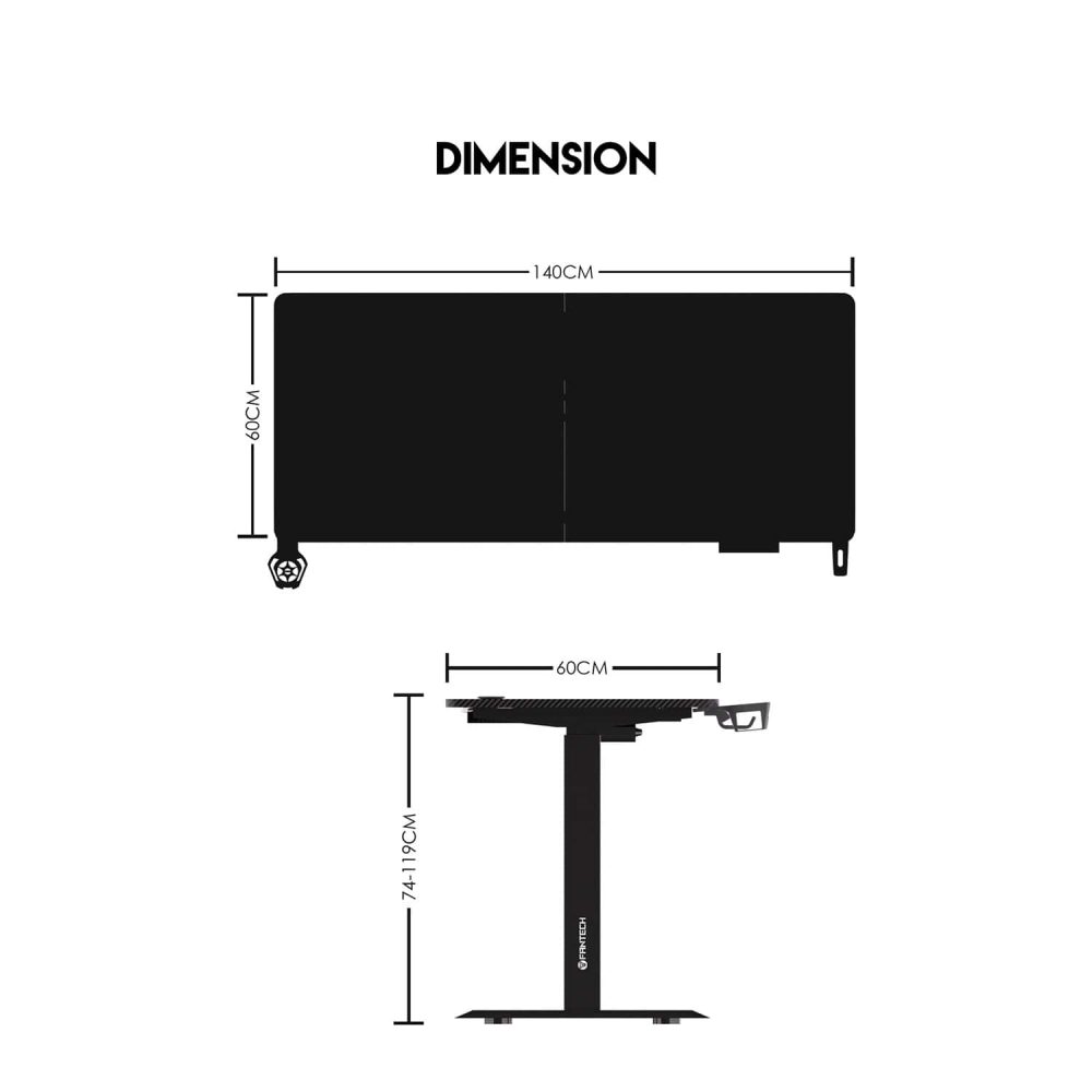 Dimenzije Fantech Tigris GD214 električnog stola – radna ploča 140 × 60 cm, podešiva visina 74 – 119 cm