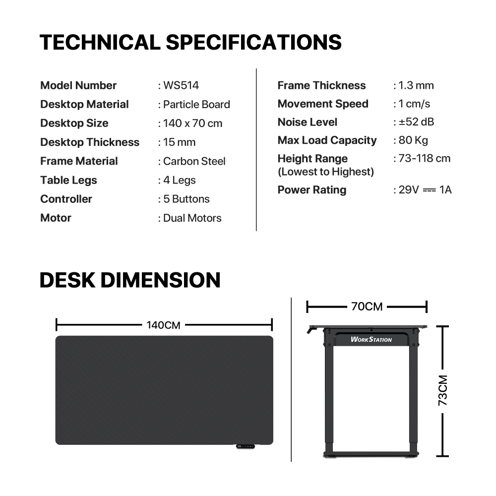 Tehničke specifikacije i crtež dimenzija Fantech Workstation WS514 stola (radna površina 140 × 70 cm, visina 73 cm)
