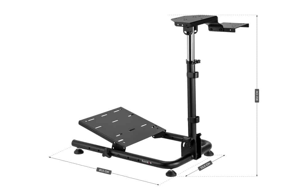 Huzaro Speed 2.0 stalak – ilustracija dimenzija (visina 83 cm, dužina 81,5 cm, širina 52,2 cm) sa držačem volana i pedala