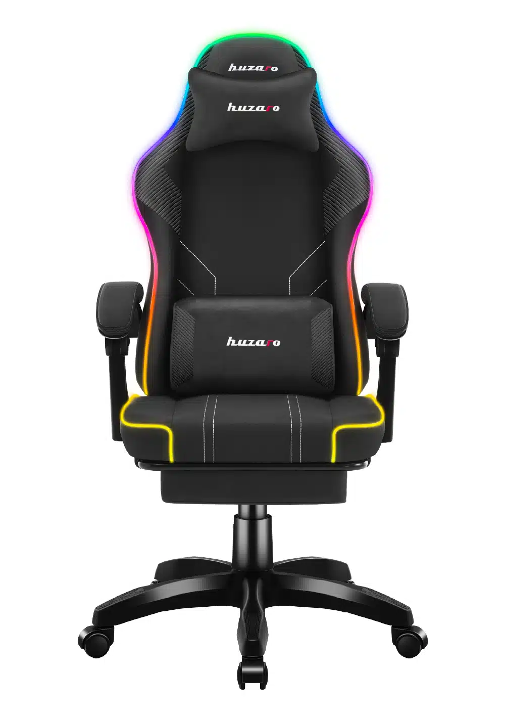 Frontalni prikaz crne RGB gejming stolice Huzaro Force 3.7, istaknuti lumbalni i vratni jastuk, obojeno LED osvetljenje u spektru duž ivica.