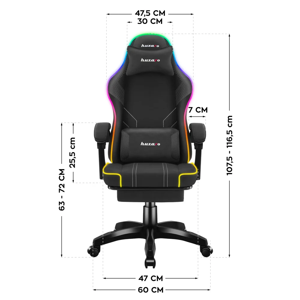 Dimenzije crne gejming stolice Huzaro Force 3.7 RGB – prednji prikaz sa jasno označenom ukupnom visinom, širinom naslona i širinom baze (u cm).