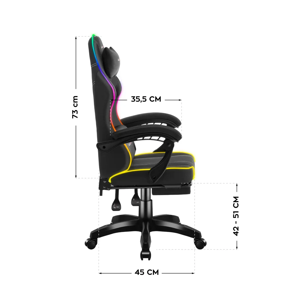 Dimenzije Huzaro Force 3.7 RGB – bočni prikaz sa naznačenom visinom naslona, rasponom visine sedenja i dubinom sedišta (u centimetrima).