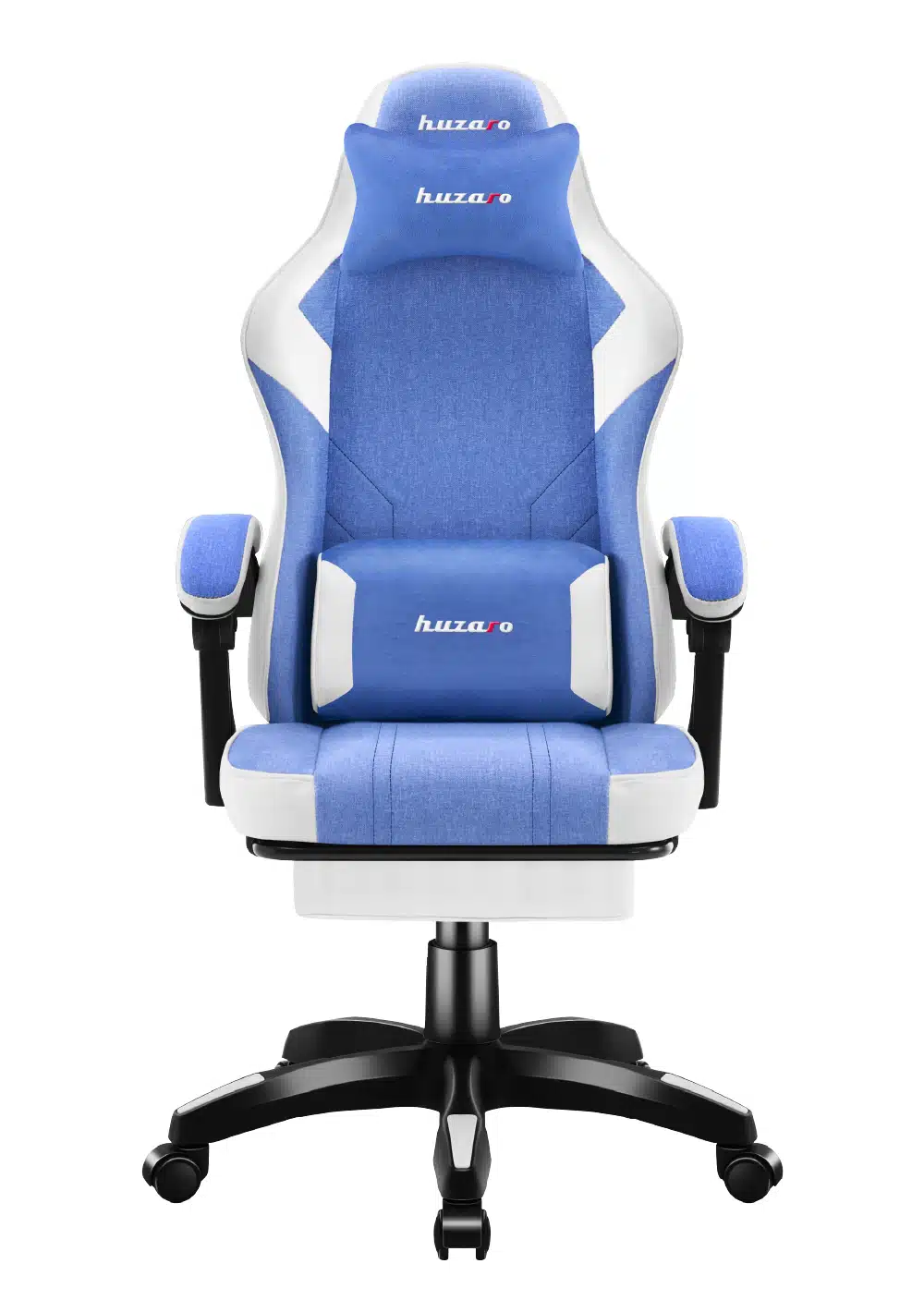 Huzaro Force 3.7 gaming stolica – frontalni pogled, plava tkanina i beli detalji, integrisani lumbalni i vratni jastuk