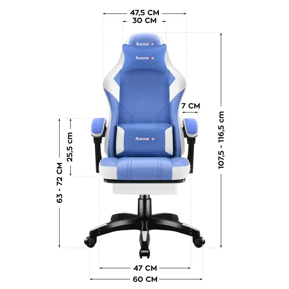 Šema dimenzija Huzaro Force 3.7 plave gaming stolice – širina naslona 47,5 cm, ukupna visina 107,5–116,5 cm, širina baze 60 cm